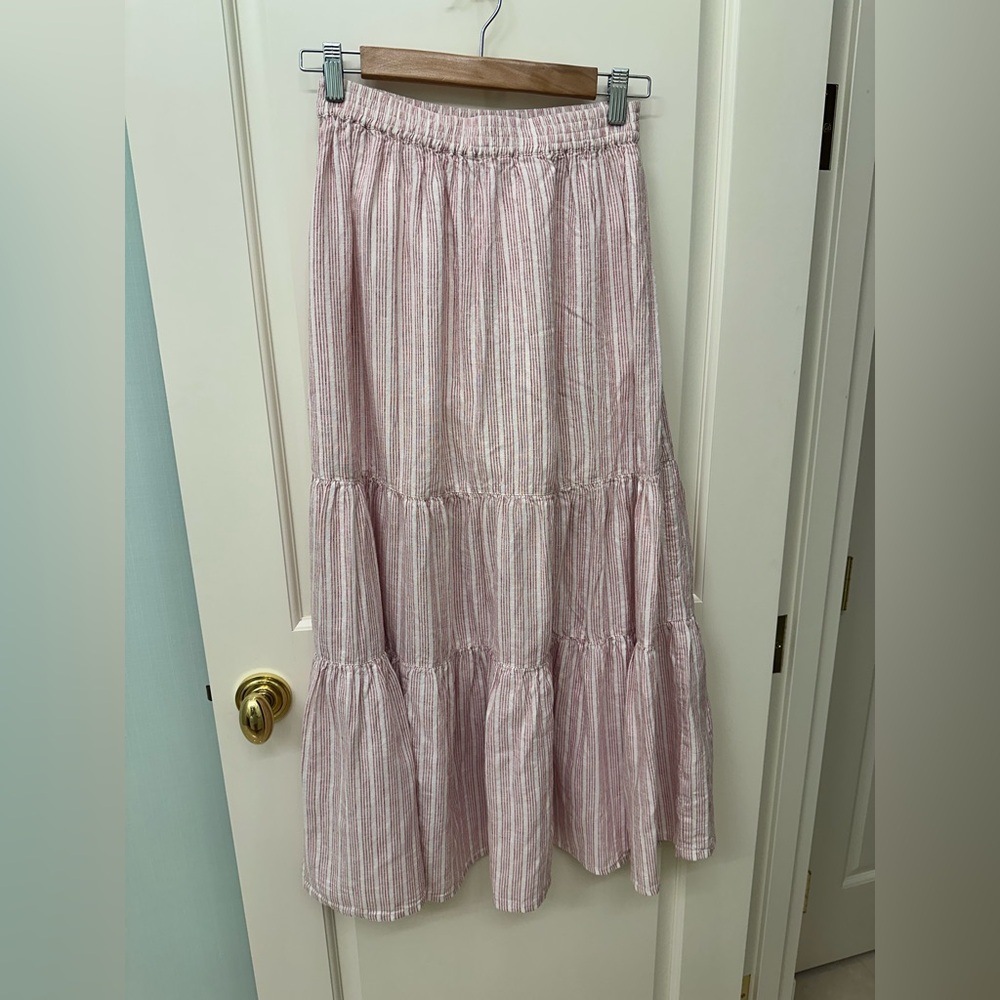 Faherty Brand Dune Cotton Gauze Tiered Maxi Skirt, soft red and cream XS EUC